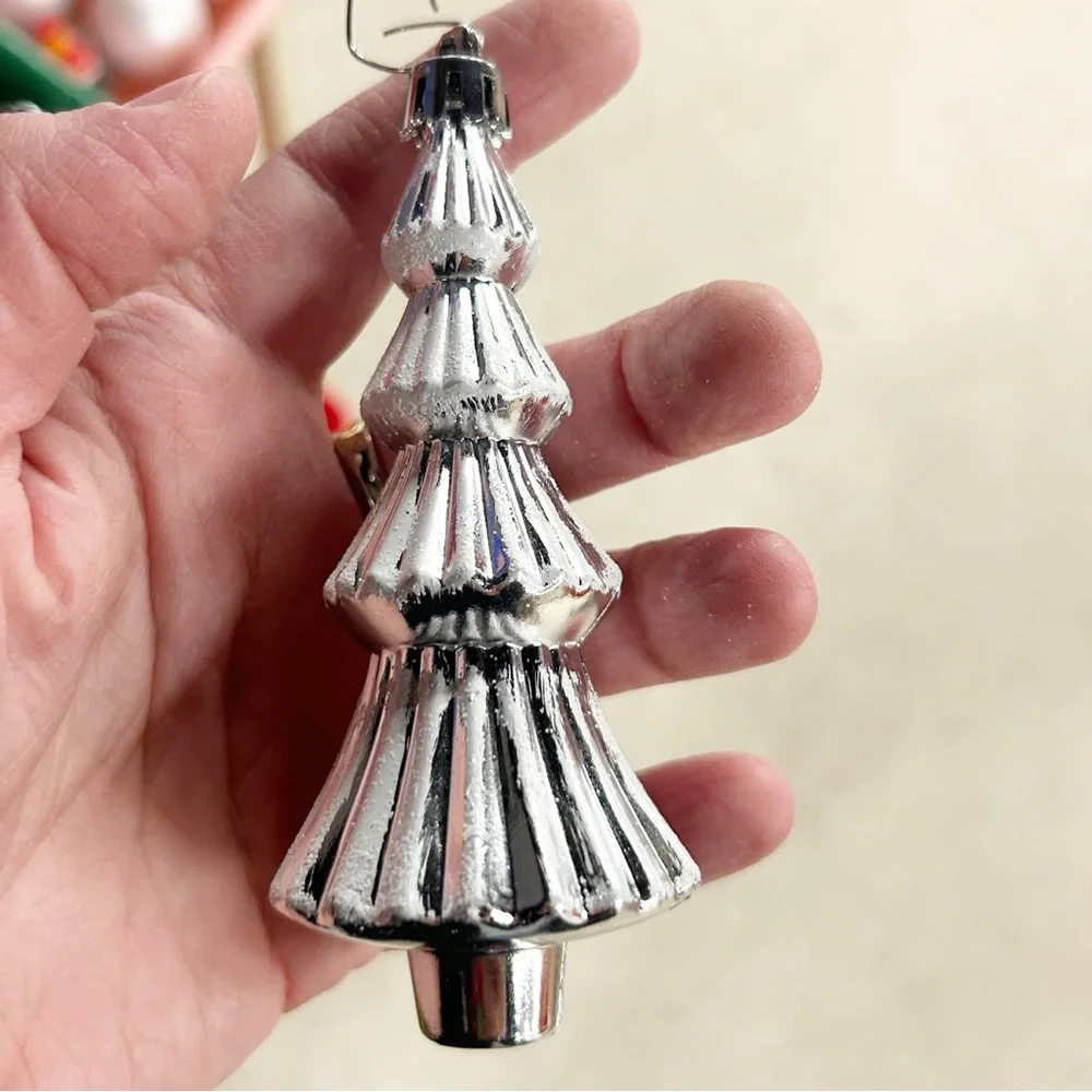 VTG Silver Christmas Tree Ornaments with White Accents Set of Three Decorations